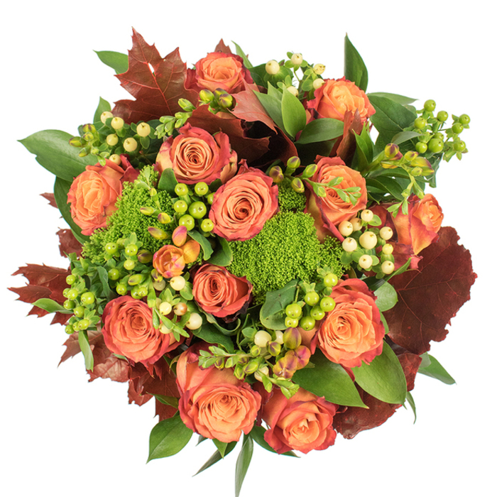 From a direct top-down perspective this compact, circular bouquet reads like an autumn still life, rich with layered color and texture that feels both sophisticated and warmly familiar. The focal point is a generous cluster of fully bloomed roses, each bloom moving from a soft, warm orange at the center to coral and then to deeper, russet-tinged edges, producing a delicate gradient reminiscent of hedgerows changing in late September. Interwoven among the roses are small clusters of Hypericum berries in vivid lime green and soft cream-yellow, their glossy spheres catching the eye and creating bright accents against the roses' matte petals. Large clods of Green Trick dianthus introduce a moss-like, velvety texture, dense and almost sculptural, that contrasts delightfully with the smoothness of the berries and the silkiness of the rose petals. The design is counterbalanced by broad green leaves and a smattering of lobed, dark reddish-brown foliage that resembles dried maple leaves, anchoring the color story and suggesting woodland walks near Queensway and the quieter lanes off Porchester Road. Soft, diffuse daylight brings out the warmth of the oranges and the fresh vibrancy of the greens without washing the scene, while subtle shadows between petals add depth. This arrangement reads as a thoughtful seasonal piece - a Thanksgiving centrepiece, a warm housewarming gift, or a decorative accent to invite harvest comfort into a Bayswater flat - its textures, colours, and gentle scent of rose and earth offering a tactile reassurance.