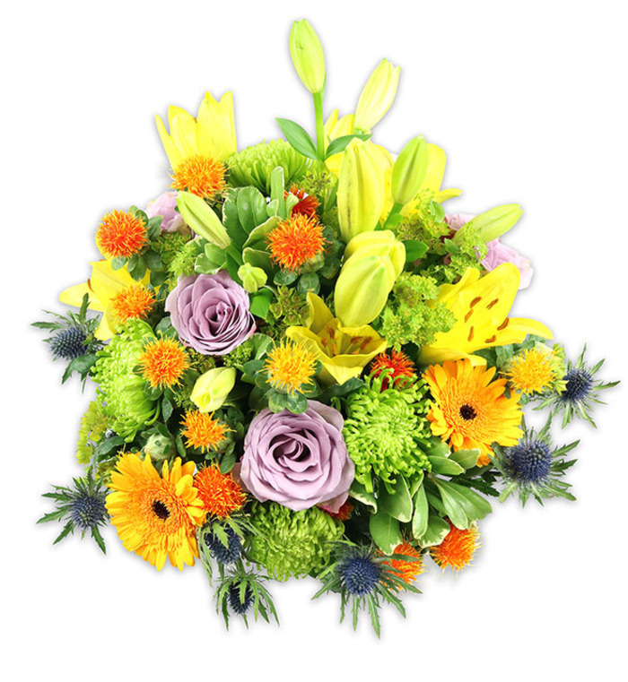 Framed by a pristine white field, this vibrant floral mound reads like a studied painting of texture and colour. Central yellow Asiatic lilies lend height and theatre-some fully open with freckled petals and exposed stamens, others remaining elegant, tapered buds that suggest anticipation. Two or three powdery lavender-purple roses sit slightly recessed, their spiralled petals offering a quiet, classic focus amid the brighter elements. Radiant orange Gerbera daisies fan out with sunlit faces and dark centres, while an abundant carpet of lime-green button or cushion chrysanthemums supplies volume and a soft, almost mossy texture. Interspersed are small, globe-like orange and golden-yellow blooms, their slightly spiky forms providing playful punctuation across the surface.
In the lower planes and along the sides, steely blue Eryngium thistles introduce architectural contrast with their spined bracts and cool colour, balancing the arrangement's warmth. A mix of glossy foliage-broad leaves that echo the lilies and finer filler greens-ties the composition together and creates layered depth. The visual narrative suggests late-spring warmth: bright, uplifting and composed, with a faint scent of lilies and fresh greenery. Perfect as a cheerful centerpiece or an expressive gift, this arrangement would suit a townhouse on Portobello Road or a Bayswater apartment near Notting Hill Gate, conveying celebration, comfort or heartfelt congratulations with contemporary floral artistry.